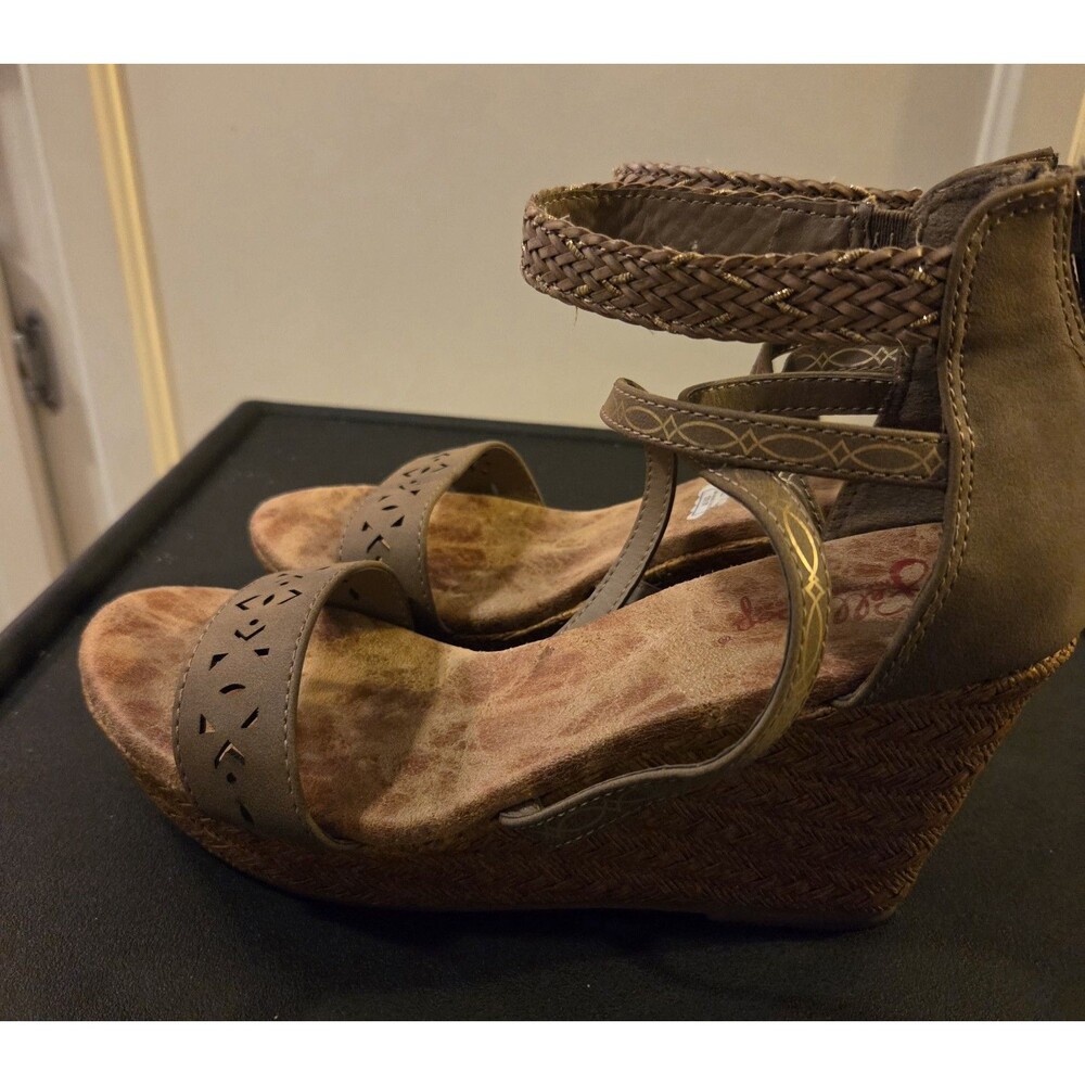 JellyPop Memory Foam Tan High Heel Braid Ankle Strap Wedge Sandal Size 8.5 M